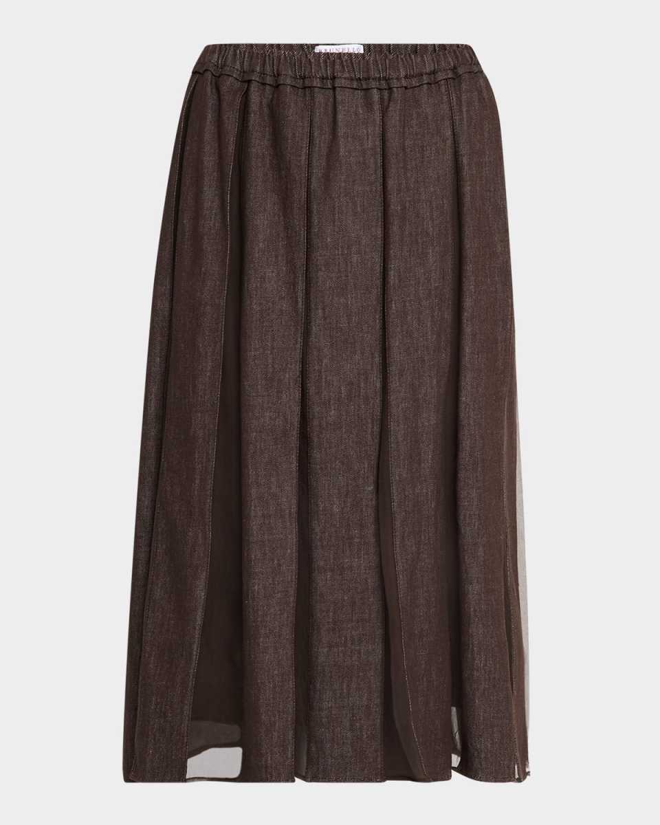 Pleated Denim Midi Skirt with Organza Panels